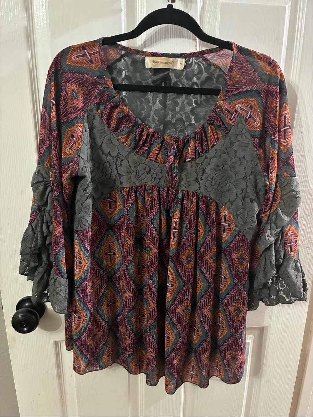 Urban Mangoz Women’s Medium Boho Lace-Paneled Blouse